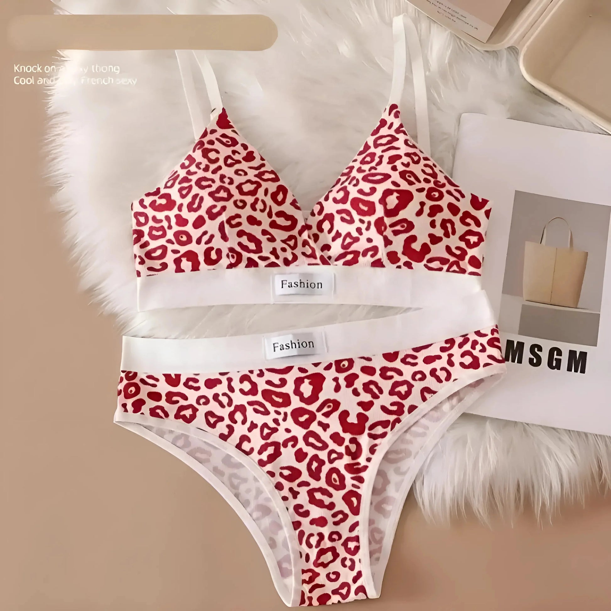 Rosso Set di Lingerie a Stampa Leopardo