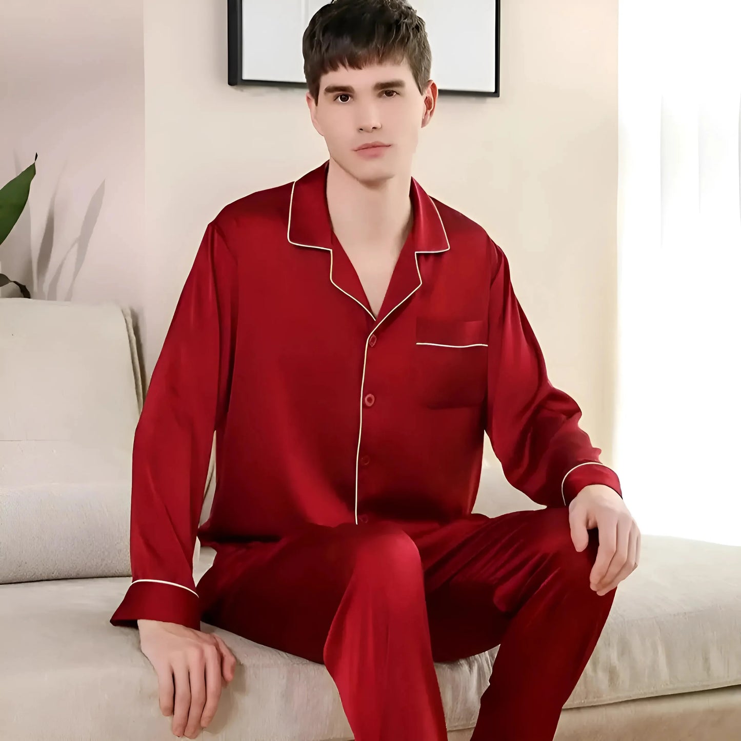 Rosso Set di Pigiama in Satin da Uomo