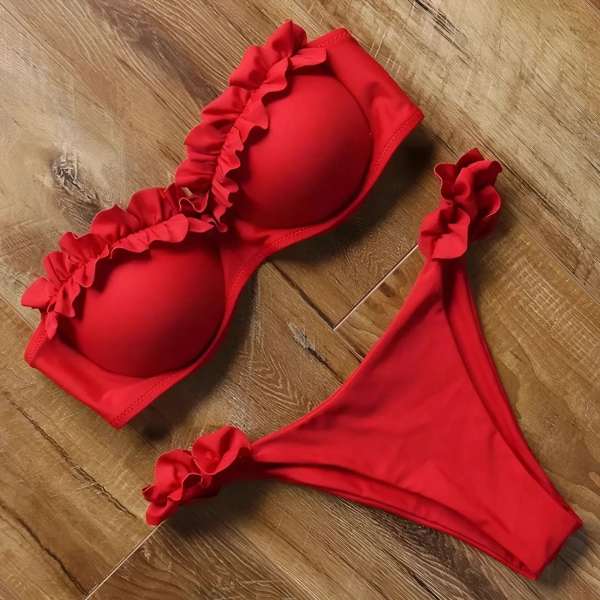 Rosso Costume da bagno bikini a due pezzi con fronzoli decorativi