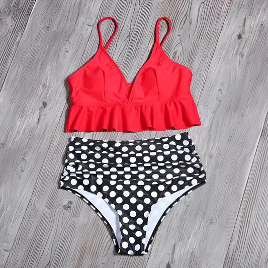 Rosso Costume da bagno a due pezzi con dettagli a volant