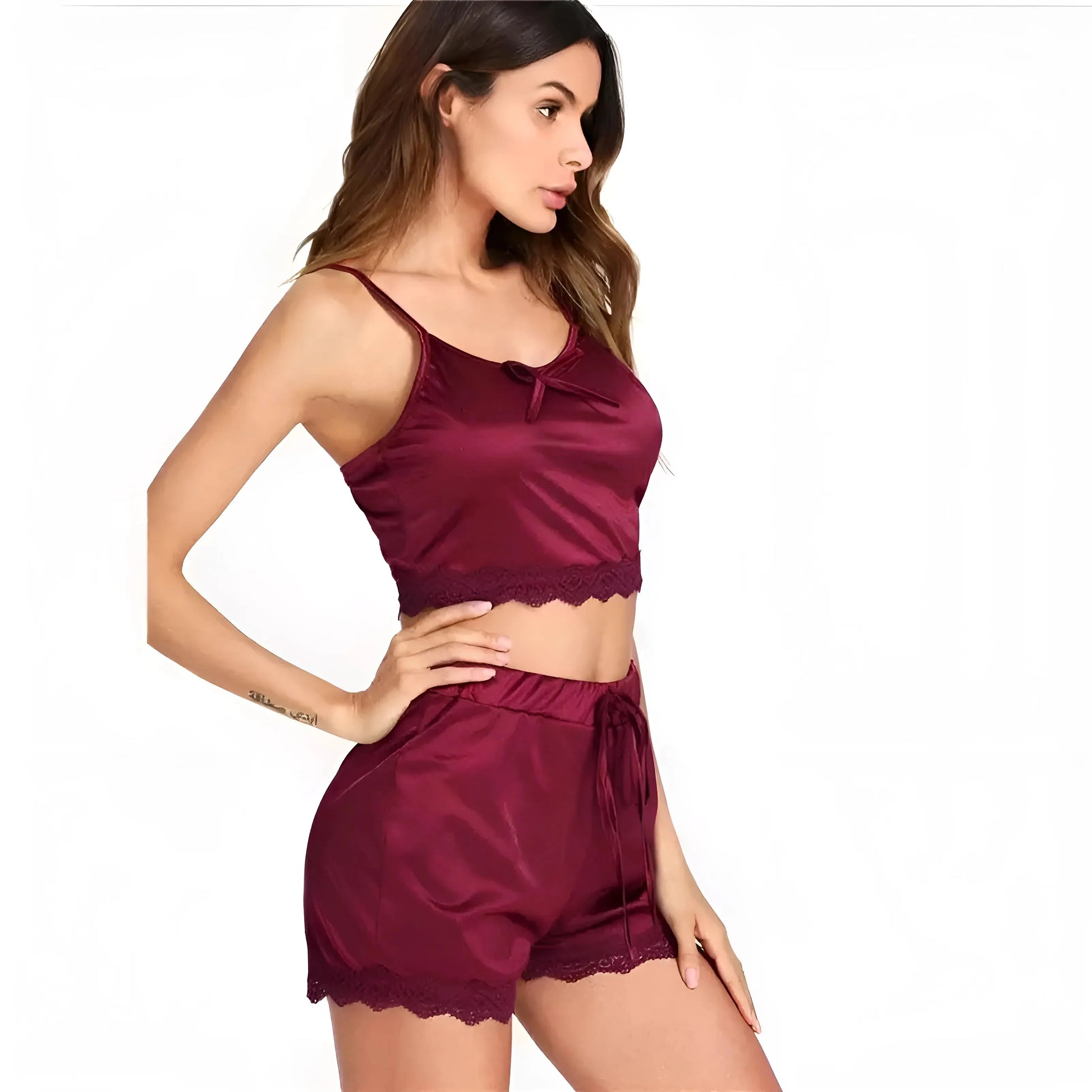  Set di Pigiama in Satin con Top e Pantaloni Corti