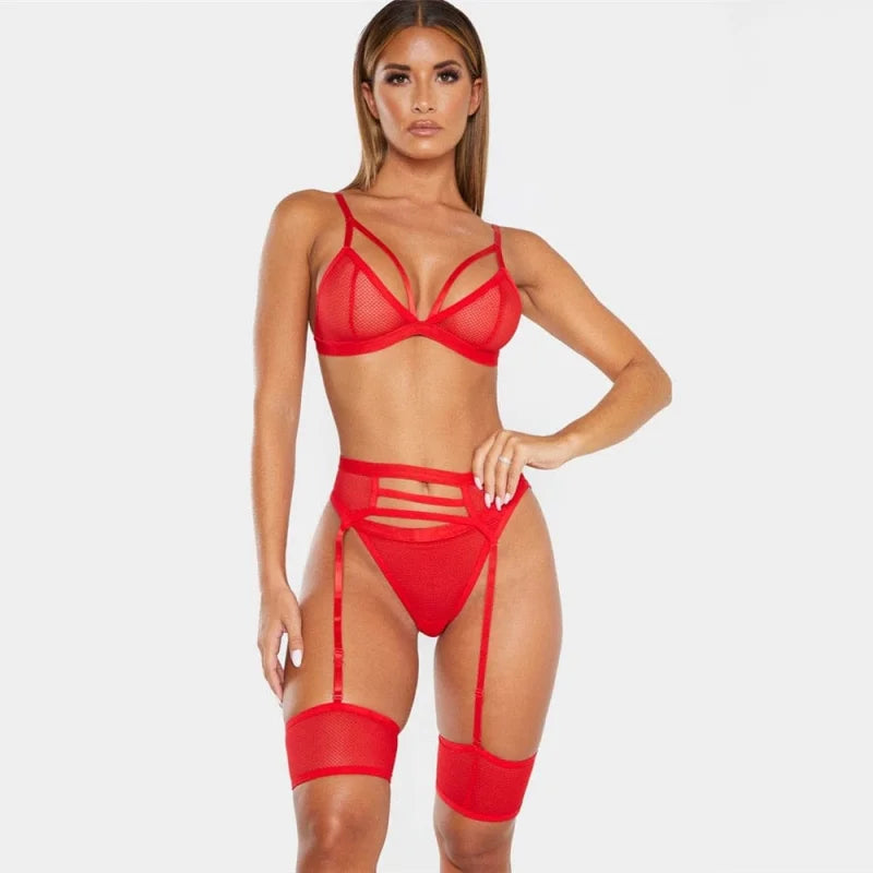 Set di lingerie in pizzo a tre pezzi - rosso / s