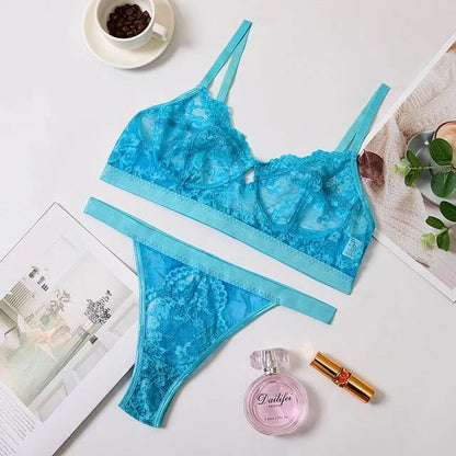 Set di lingerie in pizzo a vita alta - blu / s