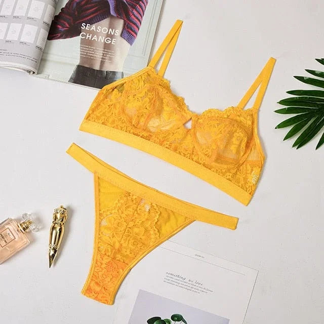 Set di lingerie in pizzo a vita alta - giallo / s