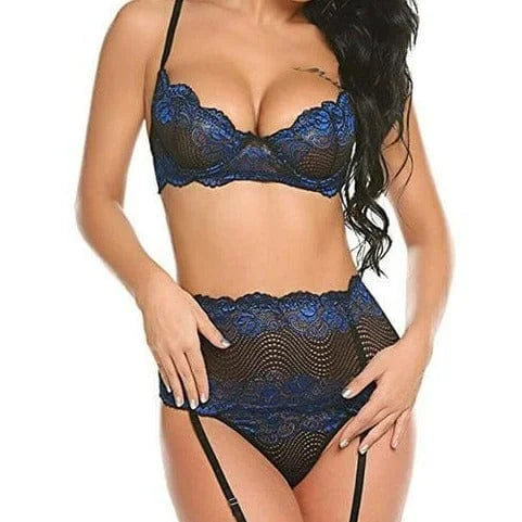 Set di lingerie in pizzo con banda larga - blu / s