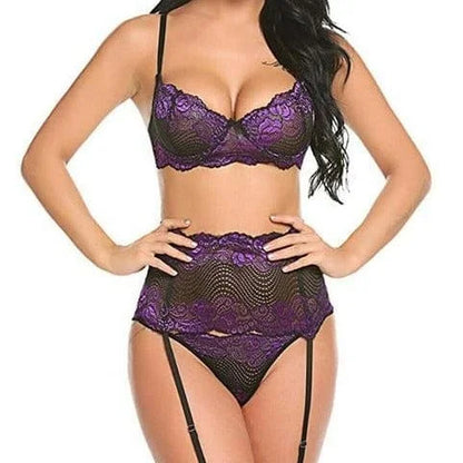 Set di lingerie in pizzo con banda larga - viola / s