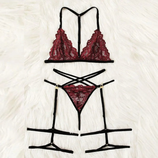 Set di lingerie in pizzo con cinturini decorativi - borgogna / s