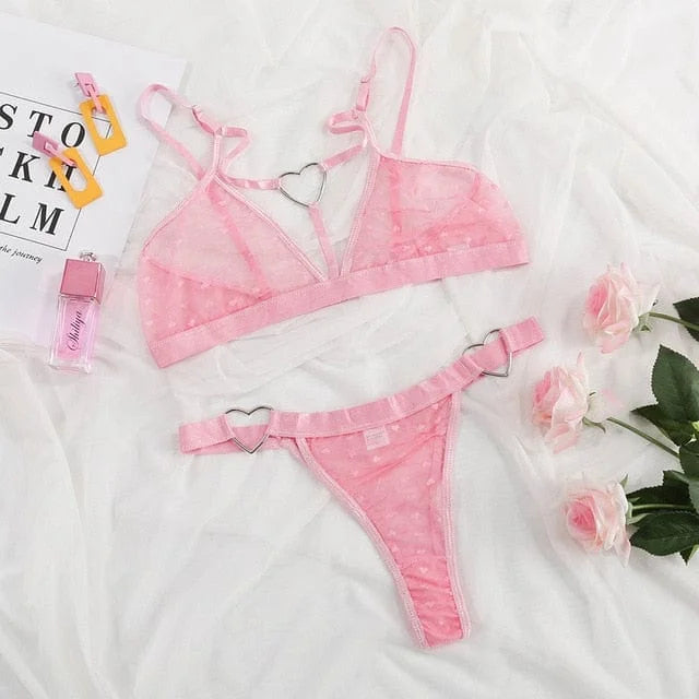 Set di lingerie in pizzo con cuori decorativi - rosa / s