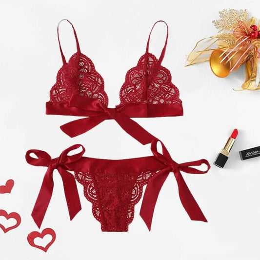 Set di lingerie in pizzo con fiocchi - rosso / s