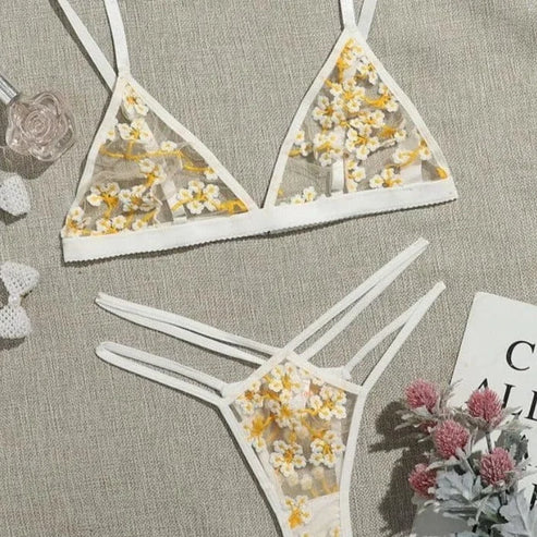 Set di lingerie in pizzo con fiori gialli