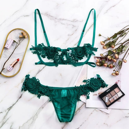 Set di lingerie in pizzo con motivo floreale - verde / s