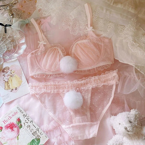 Set di lingerie in pizzo con pompon - rosa / 1a