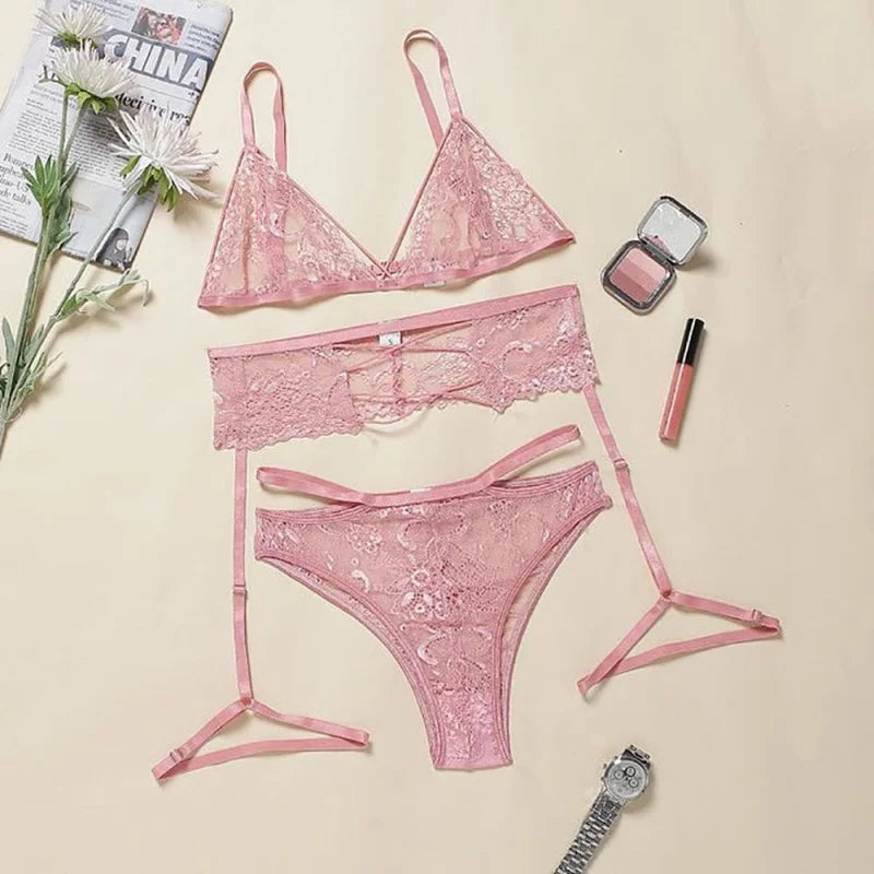 Set di lingerie in pizzo con reggicalze - rosa / s