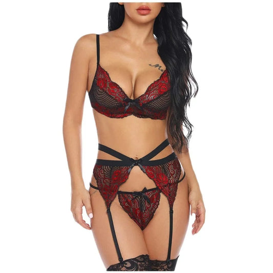 Set di lingerie in pizzo con reggicalze - rosso / s