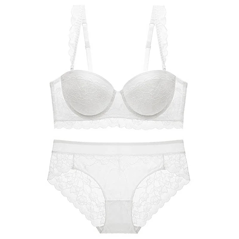 Set di lingerie in pizzo con reggiseno a scollatura profonda - bianco / 1a