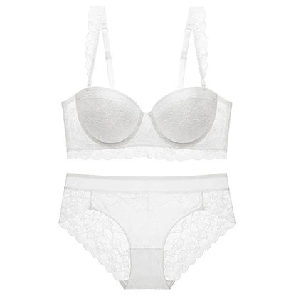 Set di lingerie in pizzo con reggiseno a scollatura profonda - bianco / 1a