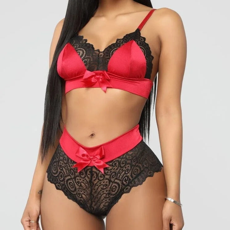 Set di lingerie in pizzo e raso - rosso / s