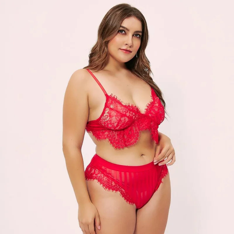 Set di lingerie in pizzo taglie forti - rosso / xl