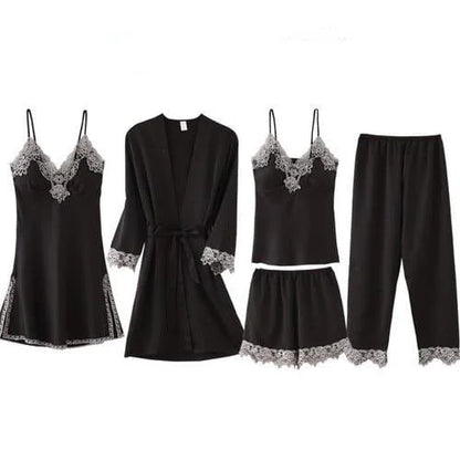 Set di pigiama a cinque pezzi con pizzo decorativo - nero / s