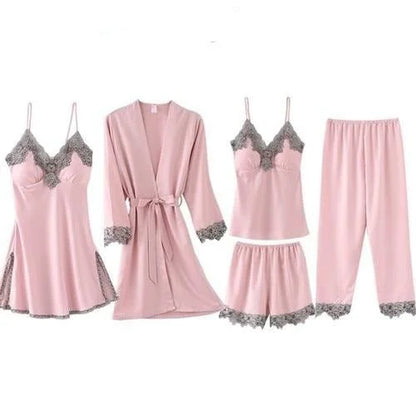 Set di pigiama a cinque pezzi con pizzo decorativo - rosa / s