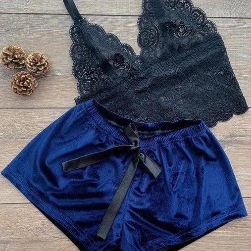 Set di pigiama a due pezzi con top in pizzo - blu navy / s