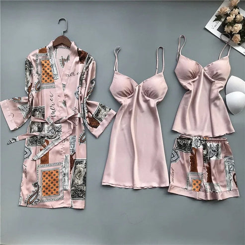 Set di pigiama a quattro pezzi con fantasie - rosa / s