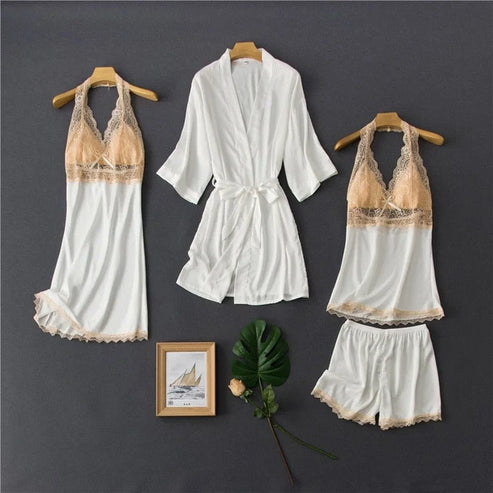 Set di pigiama a quattro pezzi con pizzo decorativo - bianco / s