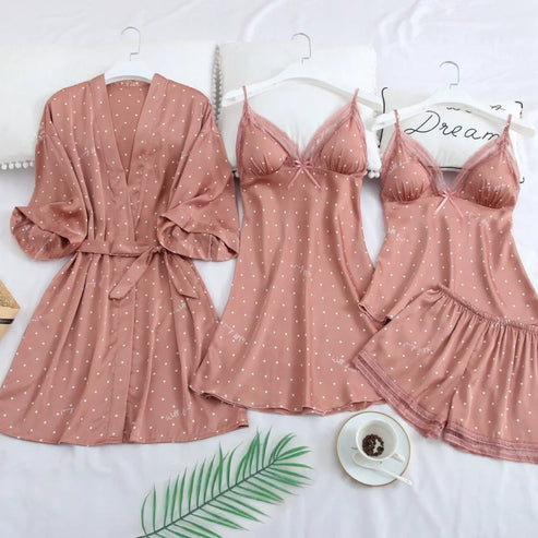 Set di pigiama a quattro pezzi a pois - rosa / s