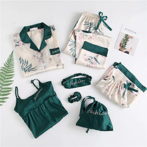 Set di pigiama a sei pezzi con motivi floreali - verde / s