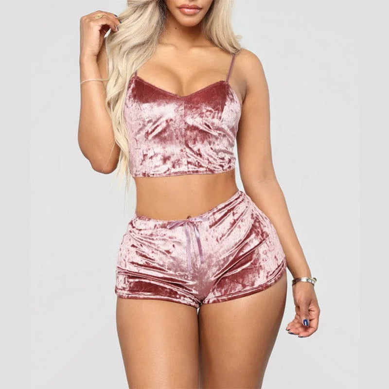 Set di pigiama in velluto con top e pantaloncini - rosa / s