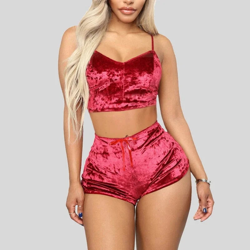 Set di pigiama in velluto con top e pantaloncini - rosso / s