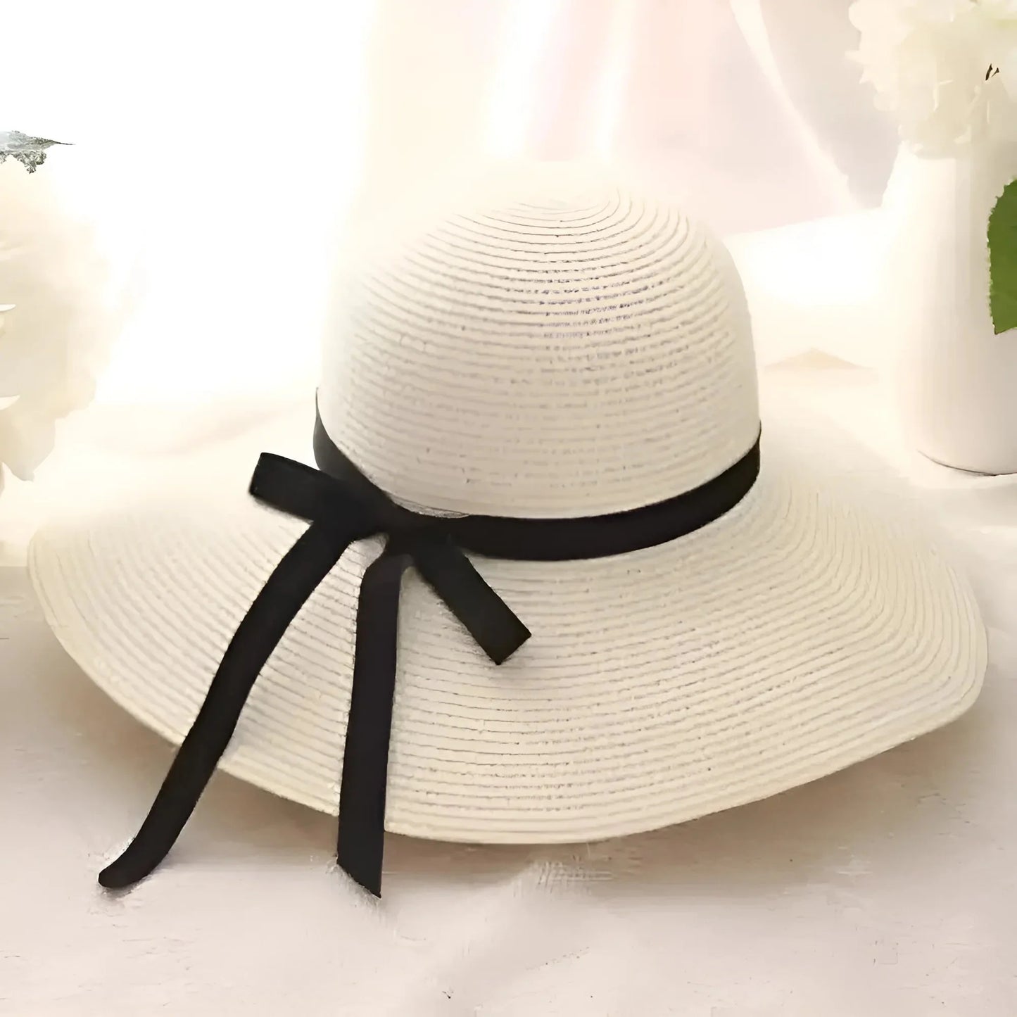 Bianco Cappello da spiaggia con fiocco