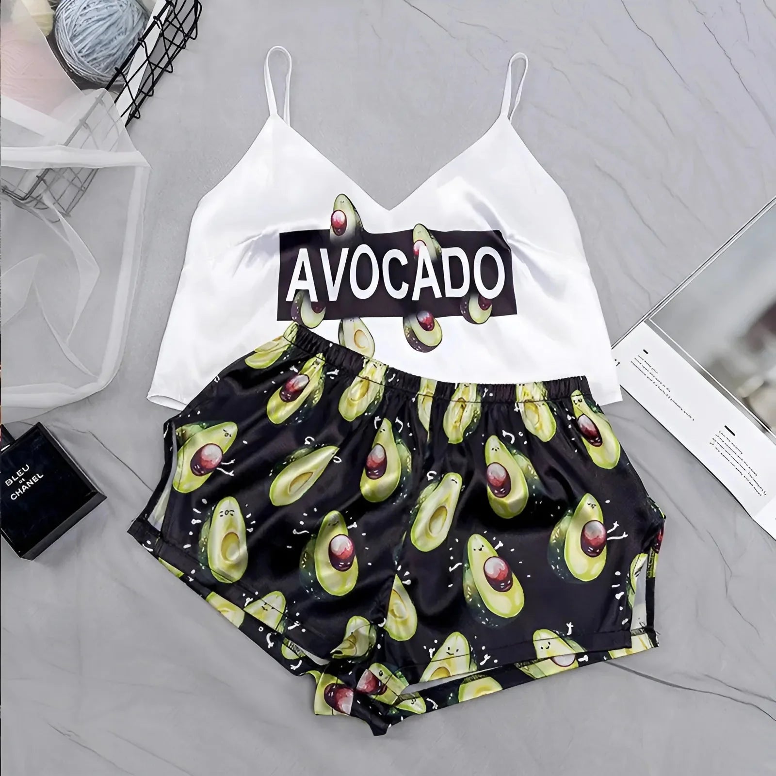 Bianco-Nero Set di Pigiama Avocado da Donna in Due Pezzi