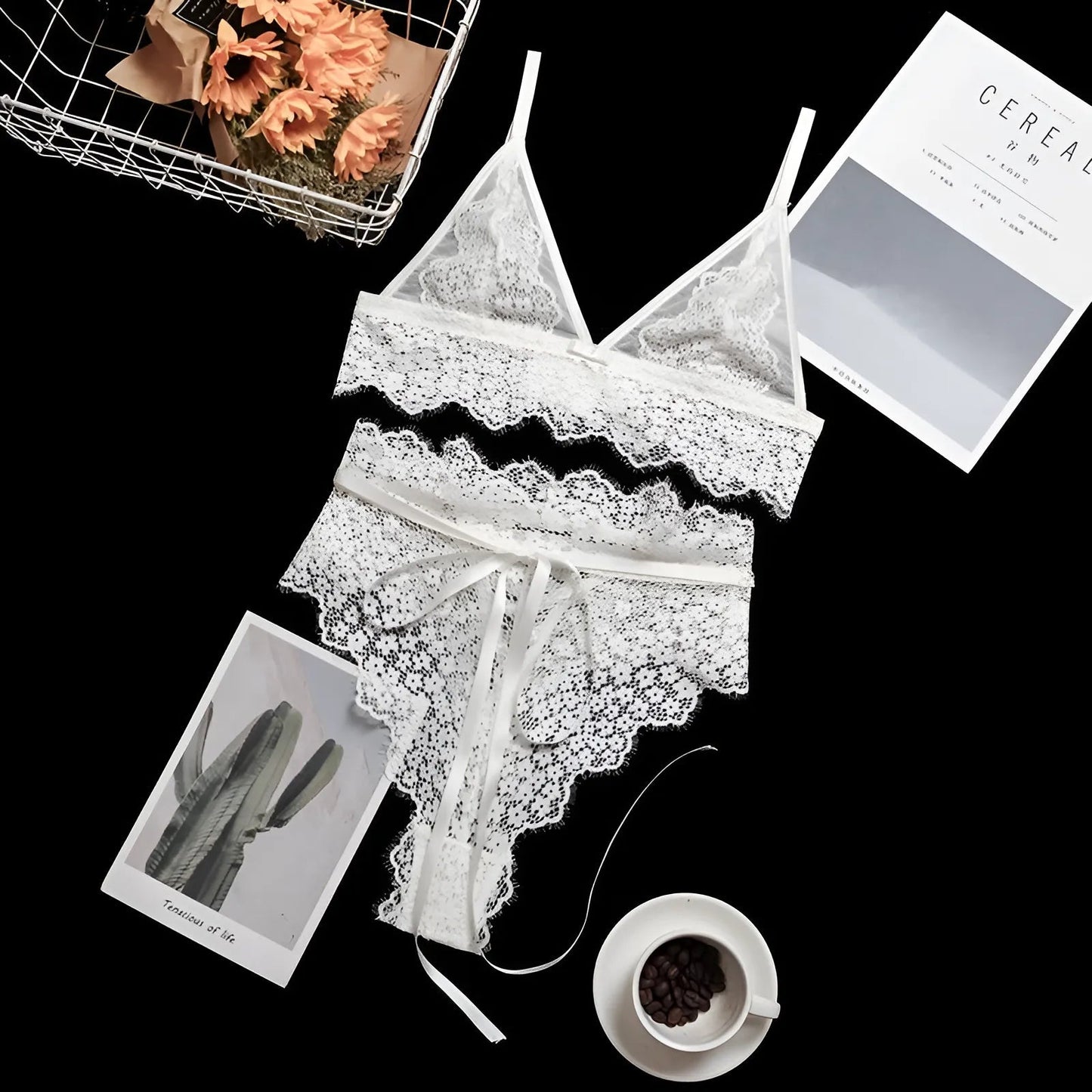 Bianco Set di Lingerie da Sposa con Design a Vita Alta