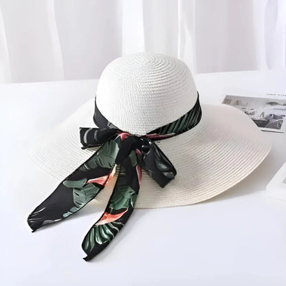 Bianco Cappello da Spiaggia con Nastro Decorativo