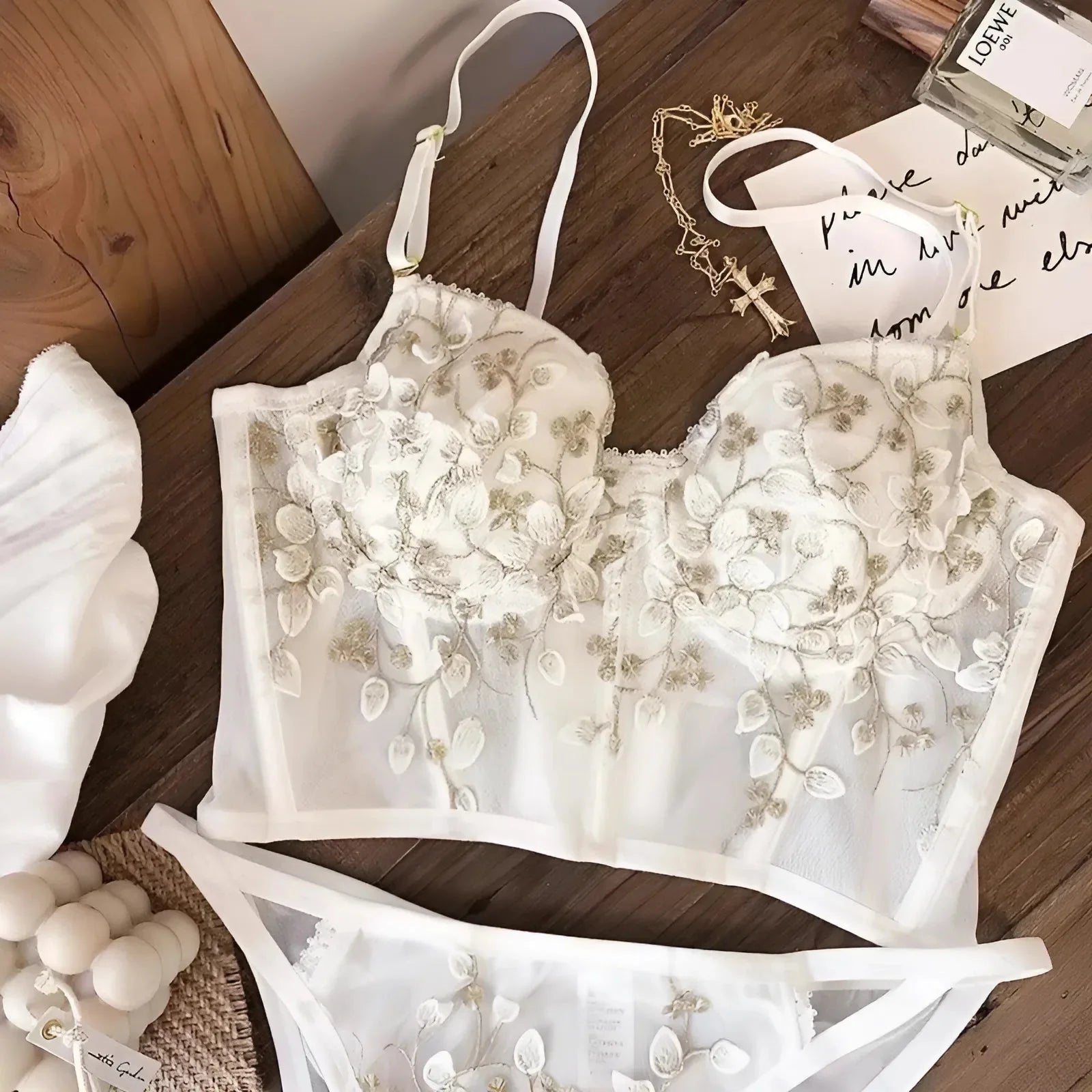 Bianco Set di Lingerie Ricamato con Fiori