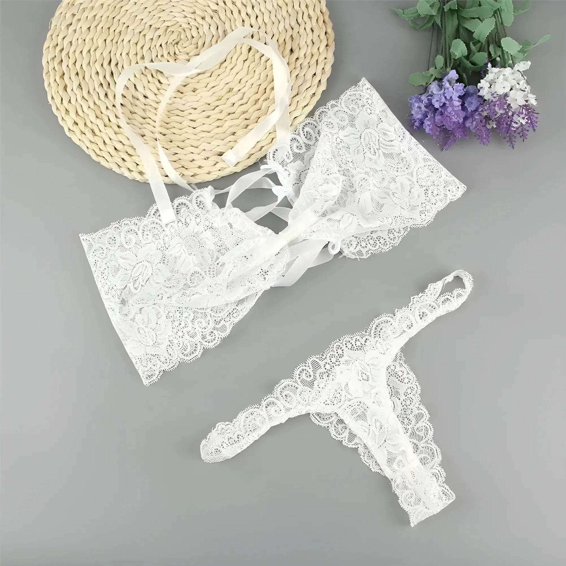 Bianco Set di Lingerie in Pizzo con Lacci Decorativi per Corsetto