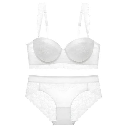 Bianco Set di Lingerie in Pizzo con Reggiseno a Scollatura Bassa