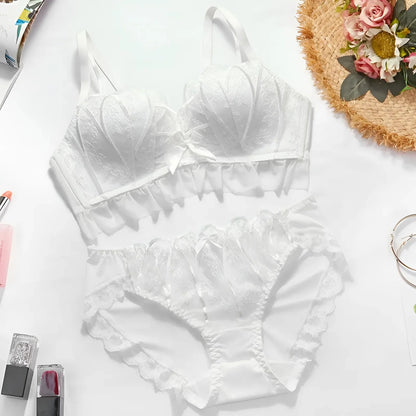 Bianco Set di Lingerie in Pizzo con Reggiseno a Scollatura Bassa