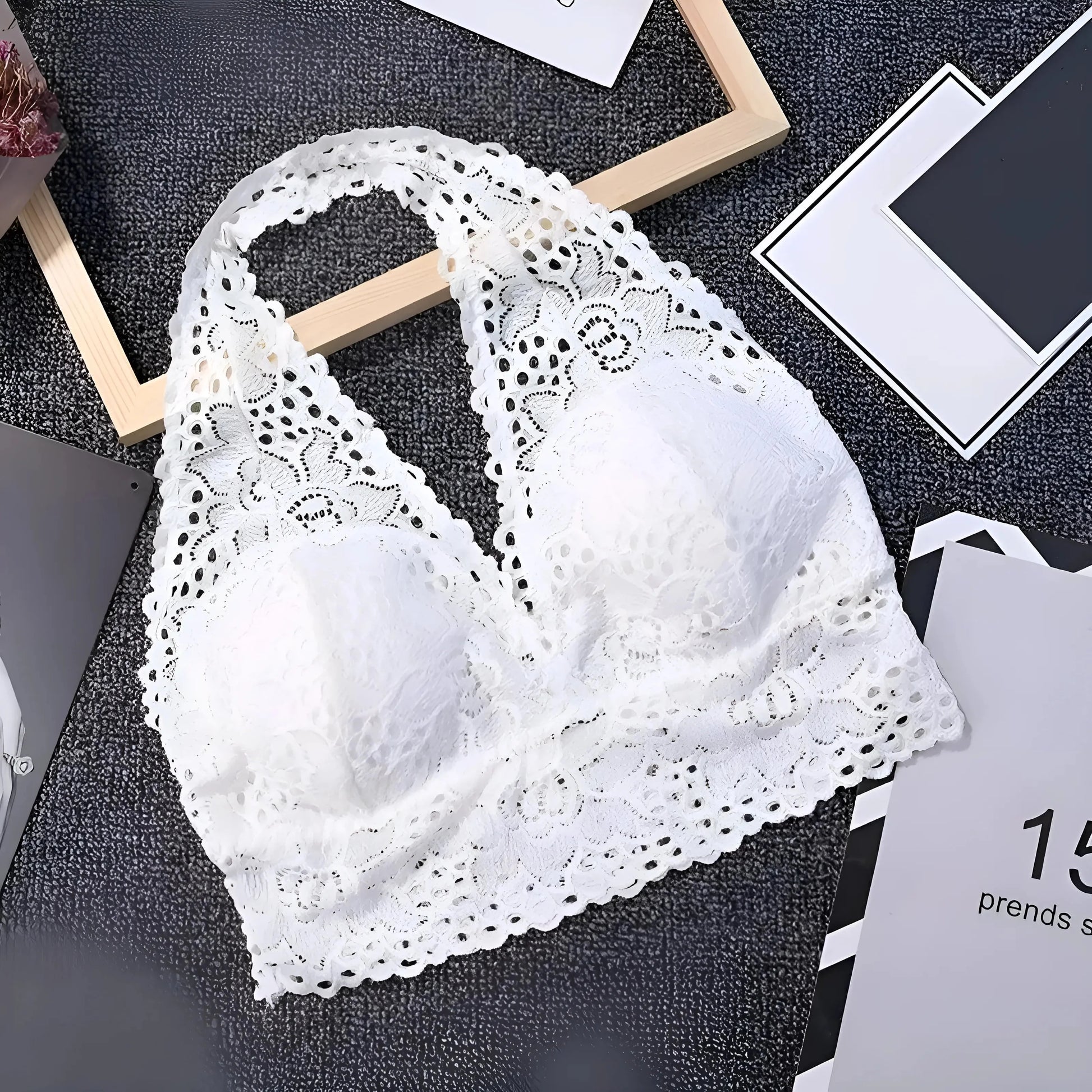 Bianco Reggiseno Halter con Collo in Pizzo