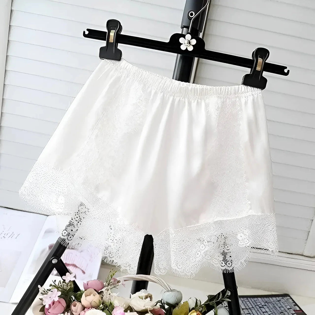 Bianco Shorts da notte con pizzo