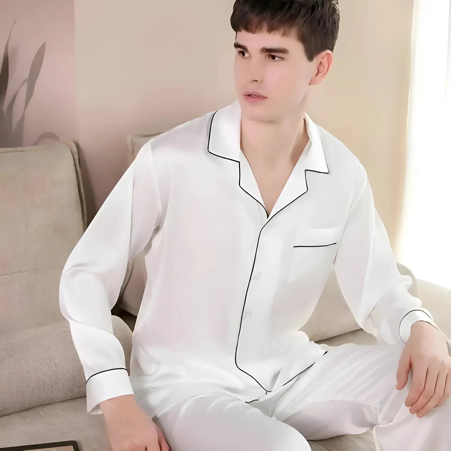 Bianco Set di Pigiama in Satin da Uomo