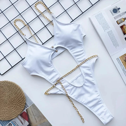 Bianco Costume intero con catena decorativa