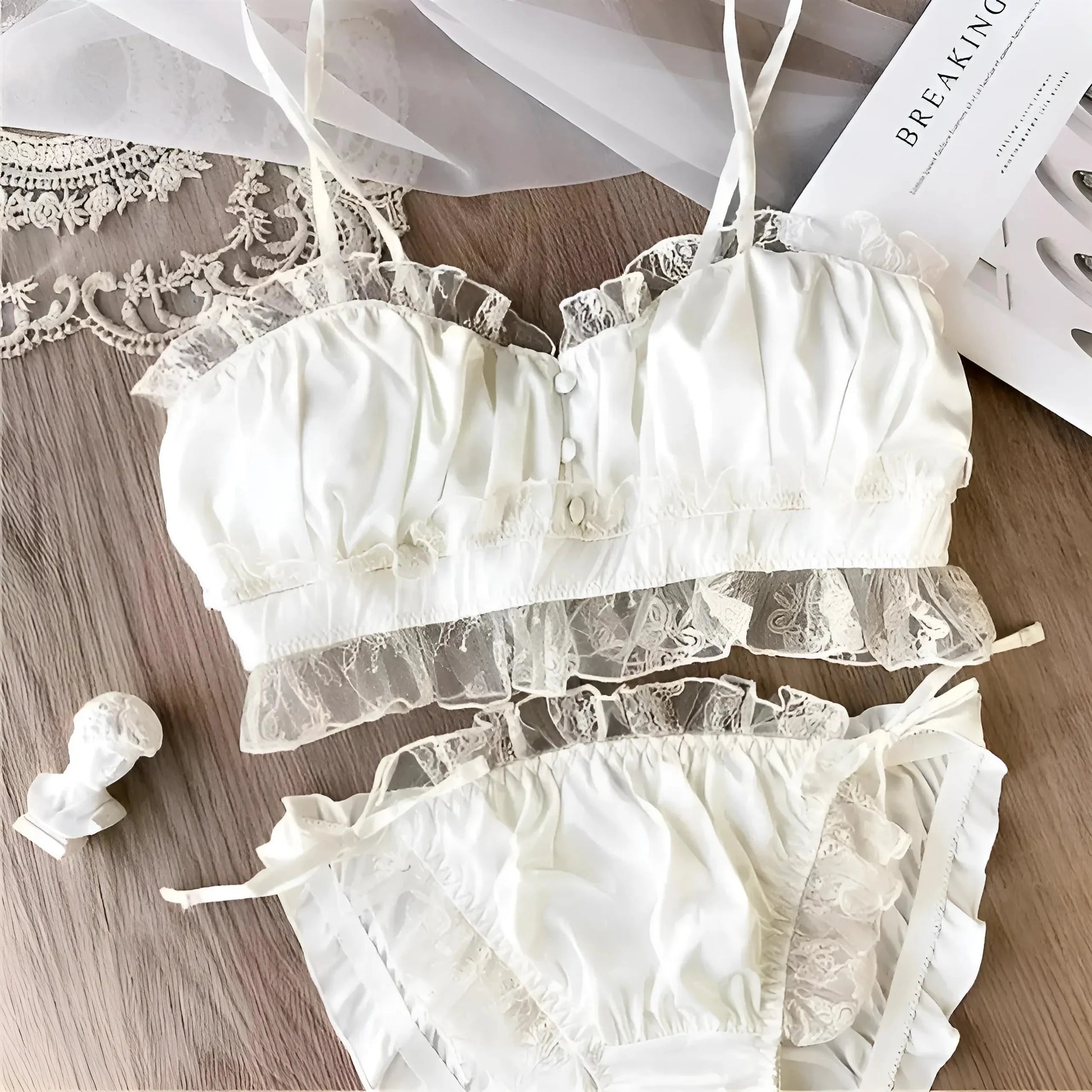 Bianco Set di Lingerie in Pizzo Arricciato