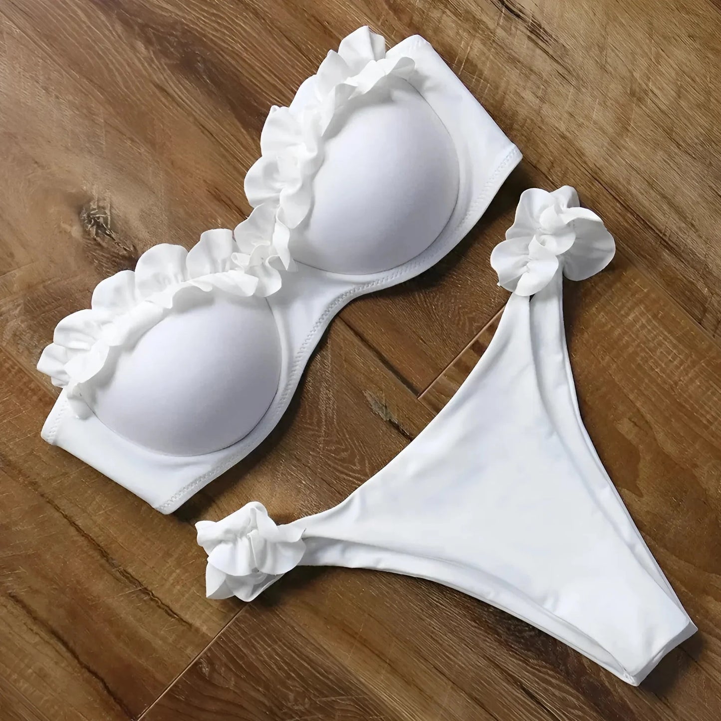 Bianco Costume da bagno bikini a due pezzi con fronzoli decorativi