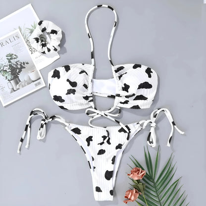 Bianco Costume da bagno a due pezzi con stampa di mucca