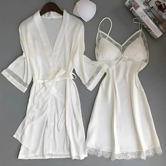 Bianco Set da notte in satin bianco con pizzo