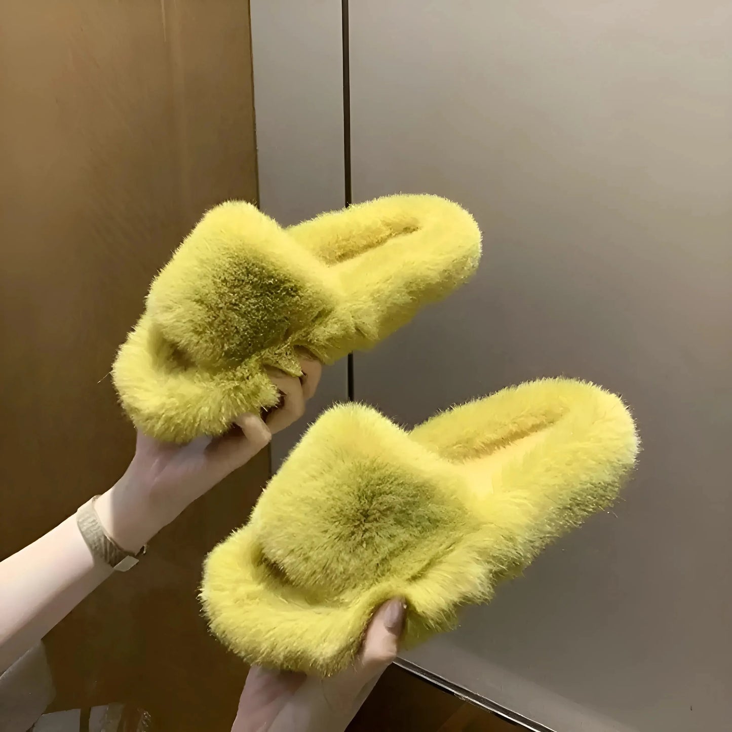 Giallo Pantofole Classiche da Donna con Fodera in Pelliccia