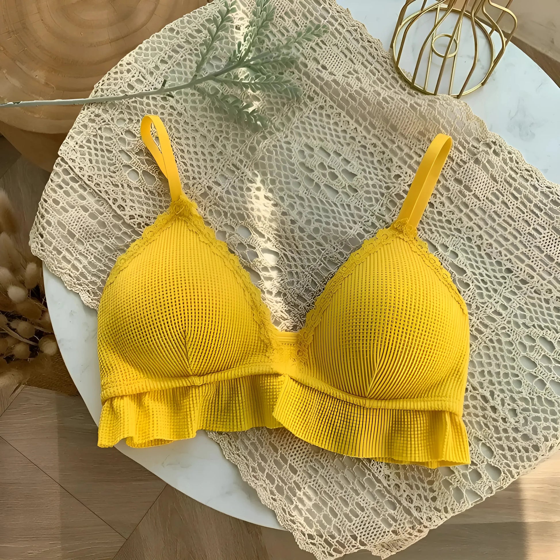 Giallo Bralette in pizzo con bordo a frange