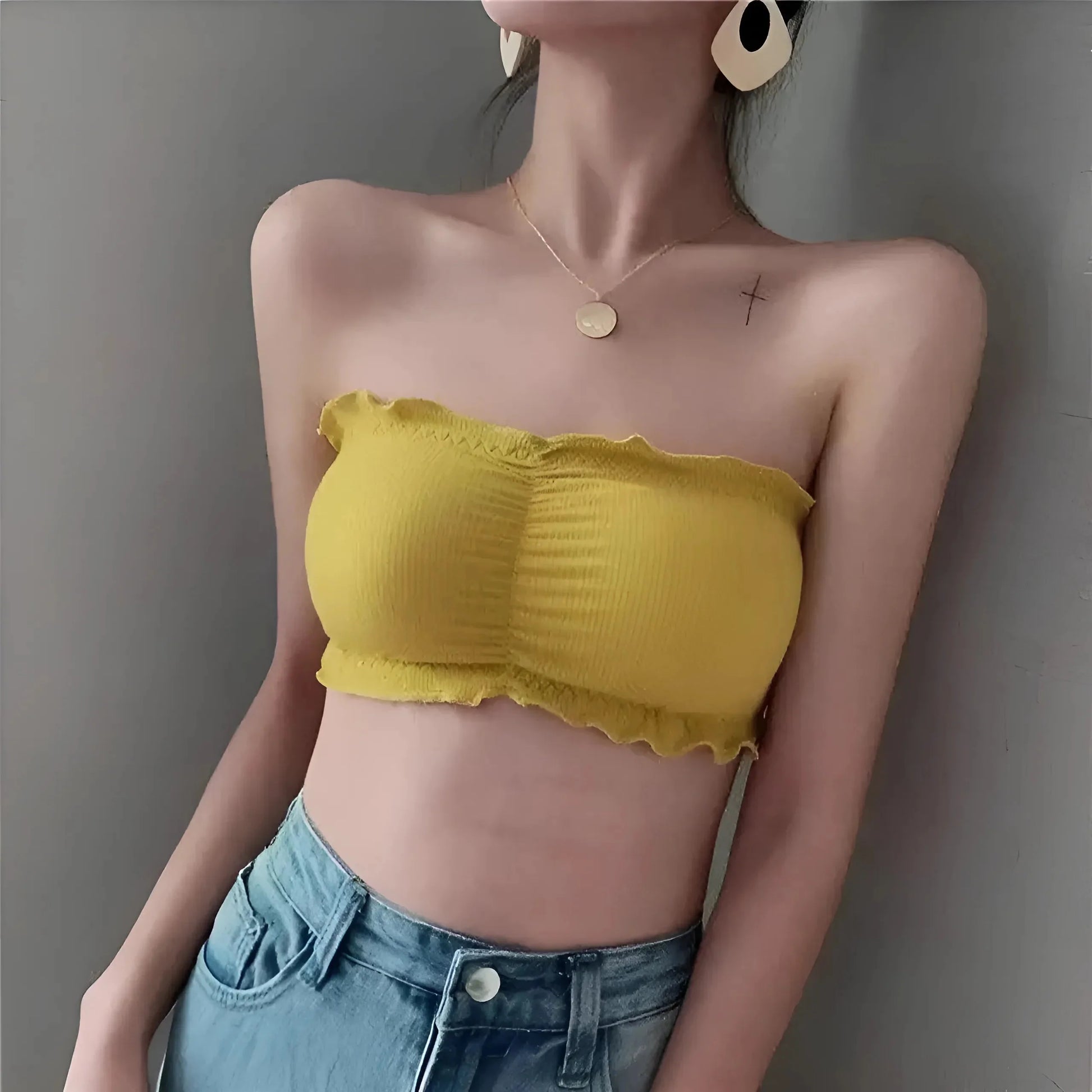 Giallo Reggiseno Senza Spalline Arricciato